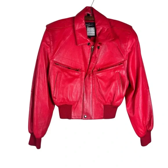 Vintage Michael Hoban North Beach Leather Red Cropped Style zip up Jacket SZ 5/6 - Picture 1 of 11